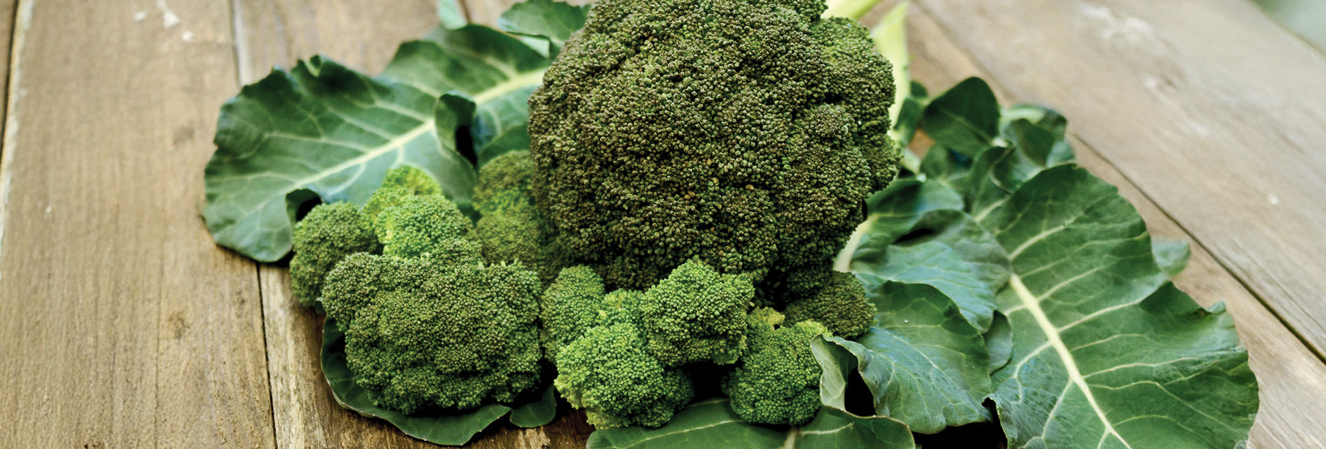 Broccoli with leaves on a wooden surface