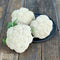 Three Snow Crown cauliflower heads showing tight white domed curds on a dark plate