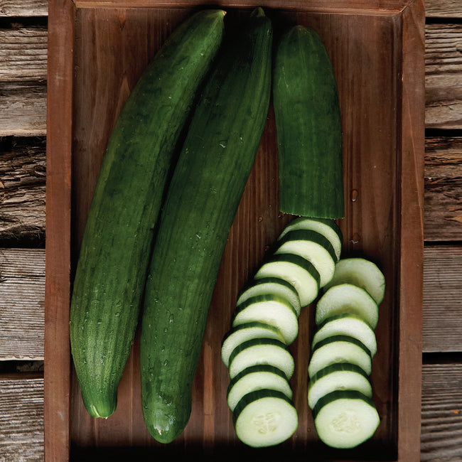 Top view of Pepinex English cucumbers, two whole and one partly sliced to show pale flesh and thin dark green skin on a wooden tray