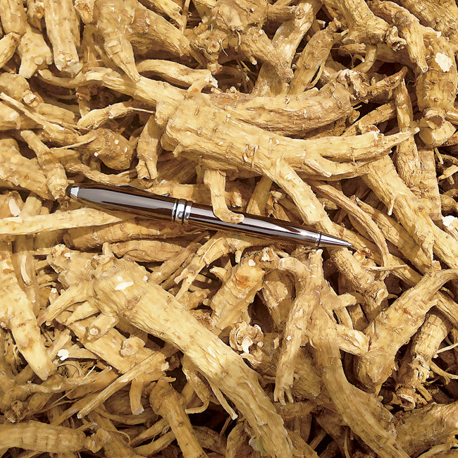 Close-up of dried American ginseng root pieces showcasing thin tan root shreds on a light background