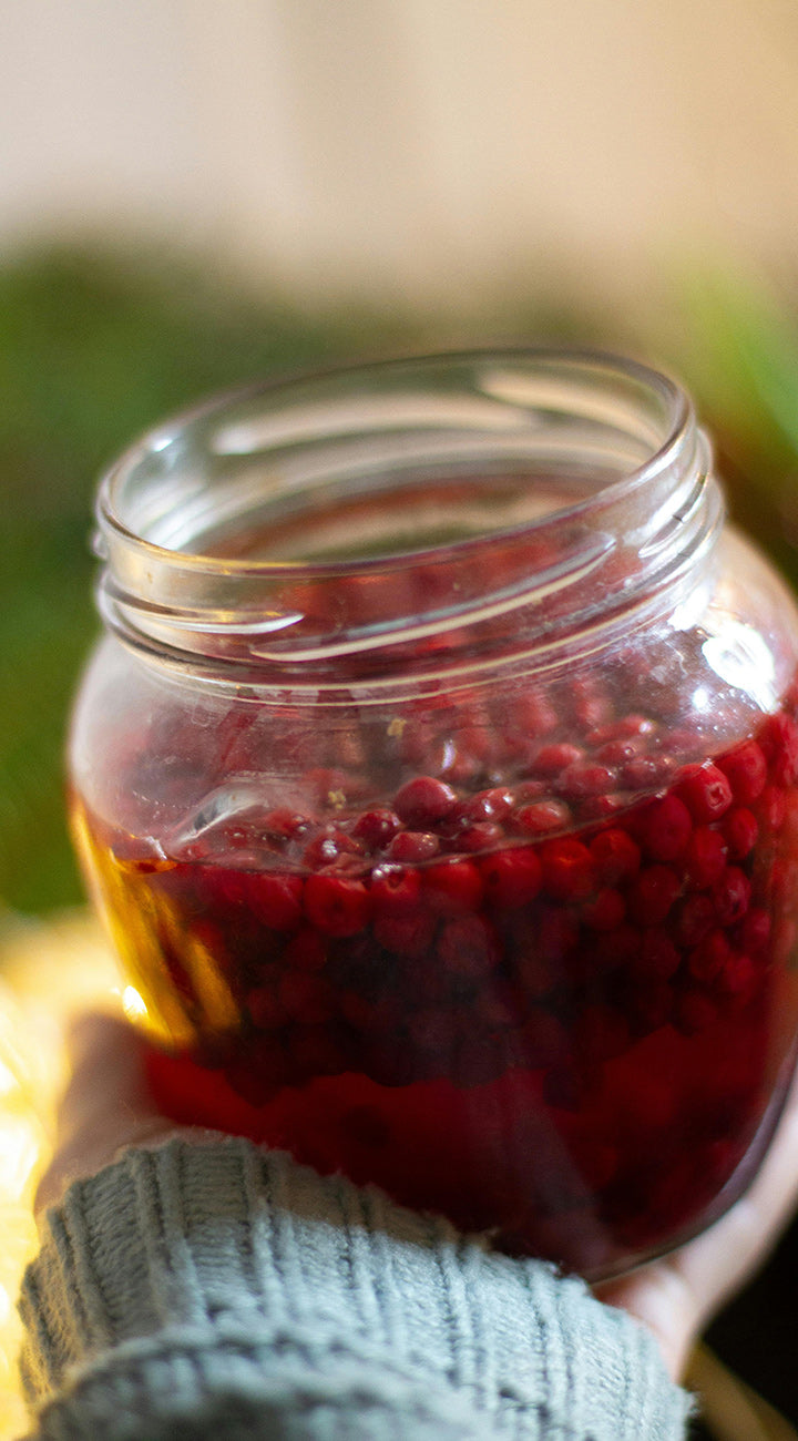 Hand holding a jar of red lingonberries with a blurred green background