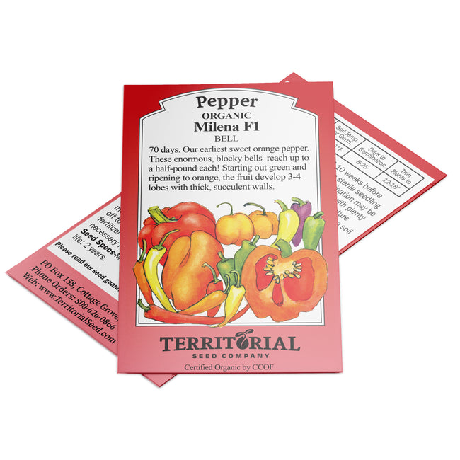 Front view of Milena pepper seed packet showing illustrated orange bell peppers on white background