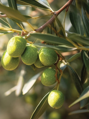 Close-up of Arbequina olive branch showing clusters of green olives and silvery-gray leaves with soft sunlit background