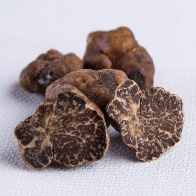 Several hazelnut truffles displayed on a white background, showing their rugged, irregular shapes and dark colors.