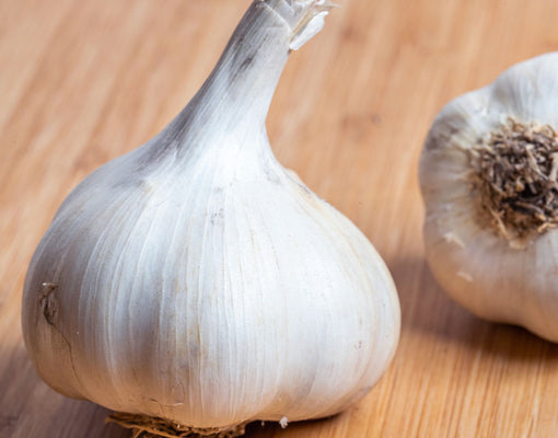 A close-up of a whole blue music garlic bulb on a light wooden surface, with another garlic bulb partially visible in the background.