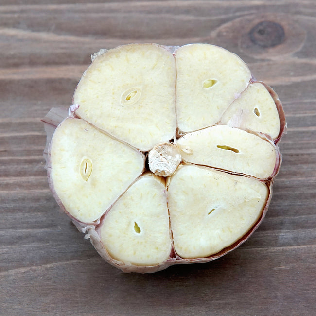 Top-down view of Premium Northern White garlic head cross-section showing large pale cloves on a wooden surface