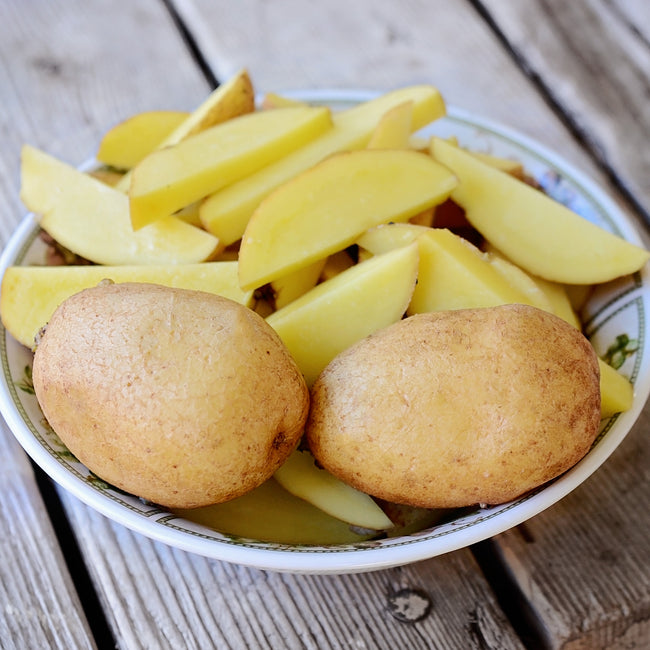 Front view of German Butterball potato showcasing oval golden-skinned tuber on white background