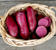 Overhead view of Raspberry seed potatoes in a woven basket showing deep red skin and a sliced tuber with bright red flesh on wooden boards