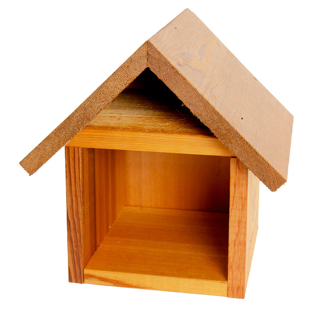 Front view of Mason Bee Chalet Home showcasing natural cedar construction and open-front nesting chamber on white background