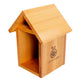 Three-quarter front view of cedar tower bee house showing open cavity for reed nesting and pitched roof on white background