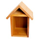 Front view of mason bee tower house showing cedar construction, pitched roof, and open nesting cavity on white background