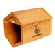 Three-quarter view of Villa Bee House showcasing cedar six-sided body with open front, entrance perch, and logo on white background