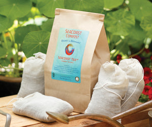 Front view of Seacoast Tea compost tea bag packet with two tea bags on a wooden bench and potted plants in background