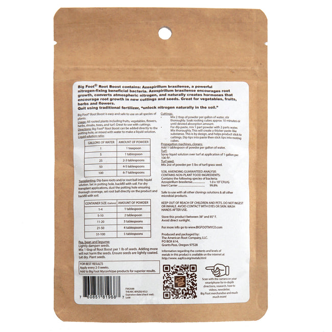 Back view of Big Foot Root Boost pouch showing product information panel and QR code on a white background