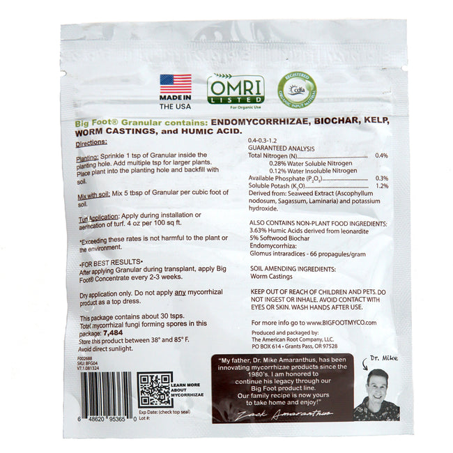 Back of Big Foot Granular Mycorrhizae package showing label with usage directions, ingredients, and net weight on white background
