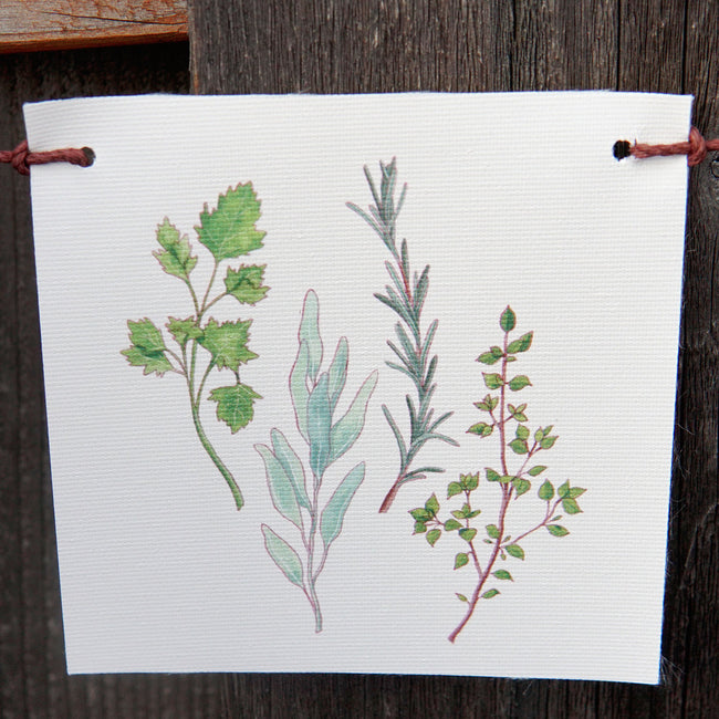 Front view of produce flag showing watercolor herb illustrations on white UV protected canvas with hemp cord and wood background