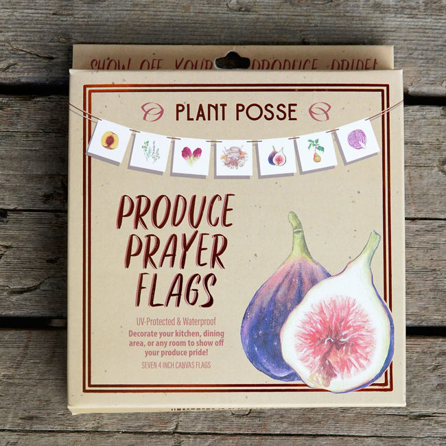 Front view of produce flag banner showing seven 4-inch watercolor produce paintings on waterproof, UV-protected canvas strung on hemp cord