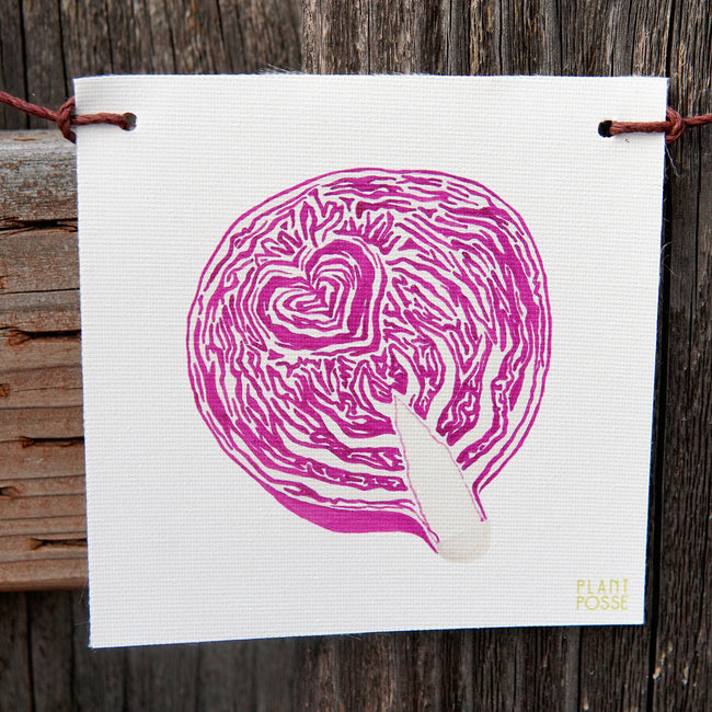 Front view of produce flag showcasing pink watercolor cabbage print on white UV protected canvas