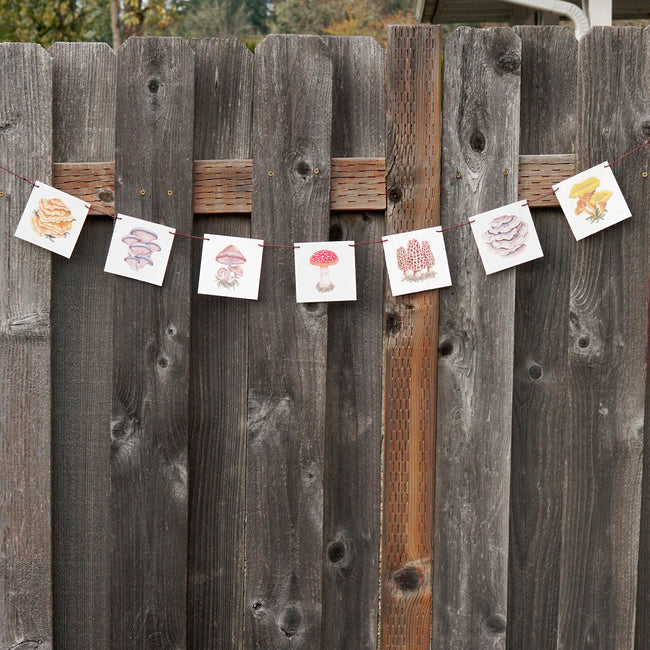 String of decorative mushroom flags with illustrations attached to a wooden fence