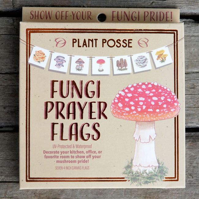 Box of Fungi Prayer Flags with mushroom design on a wooden surface