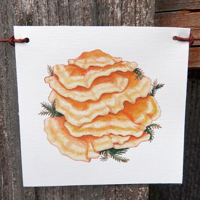 Illustration of mushrooms and greenery on a flag