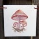 Front view of mushroom flag showcasing watercolor red mushroom illustration on white canvas with red corner clips