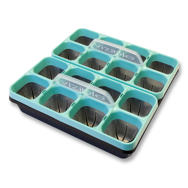Top view of Vizible plant tray kit showcasing 12-cell seed starter inserts and clear plastic dome lid on white background