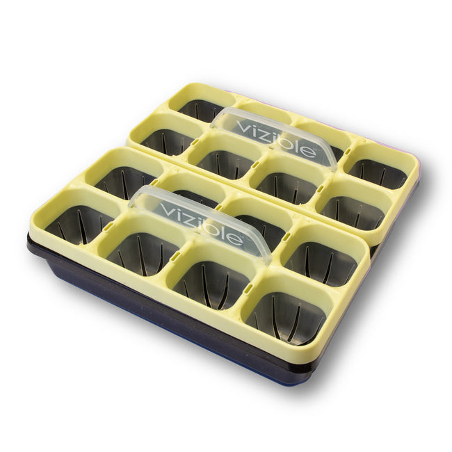 Top-down view of Vizible plant tray kit showing an 18-cell seedling tray on a white background