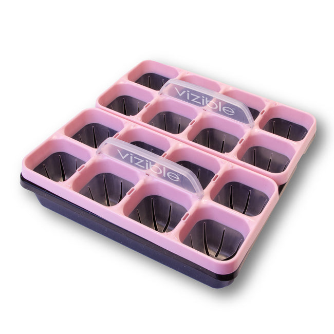 Angled view of Vizible plant tray kit showing 12-cell aster pink tray with clear domed lid on white background