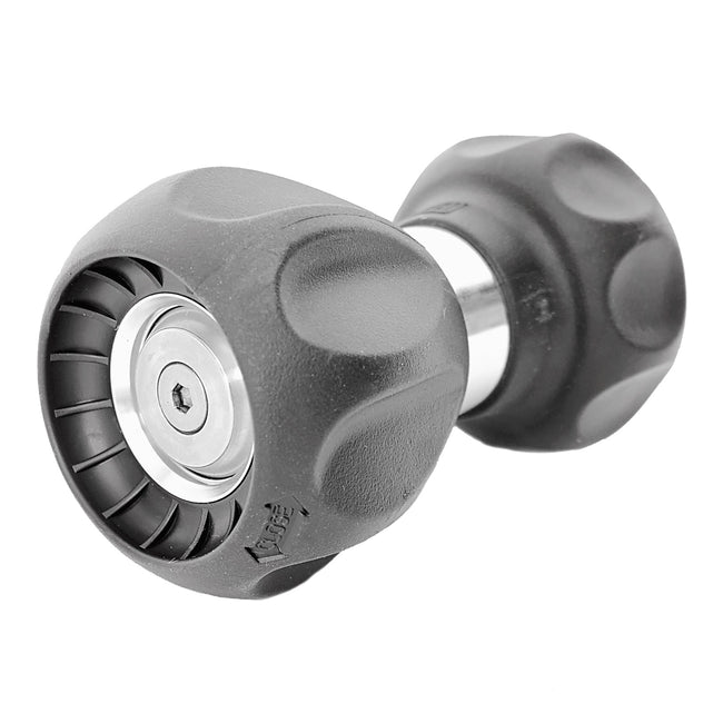 Black garden hose nozzle on white background 