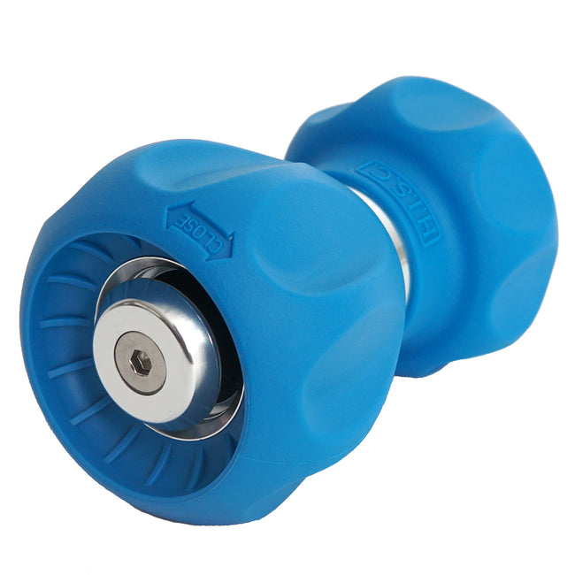 Blue garden hose nozzle on a white background