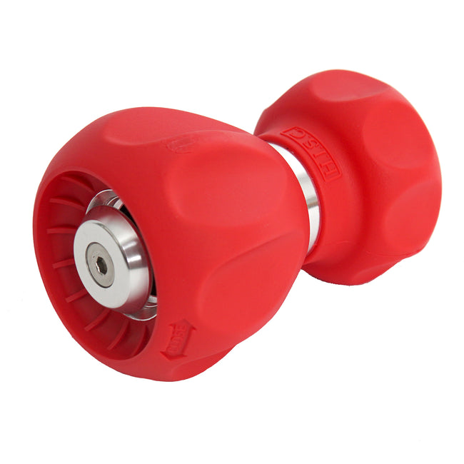 Red garden hose nozzle on a white background