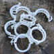 Close-up of compostable trellis clips showing snap-lock hinge and 1-inch round rings on weathered wood background