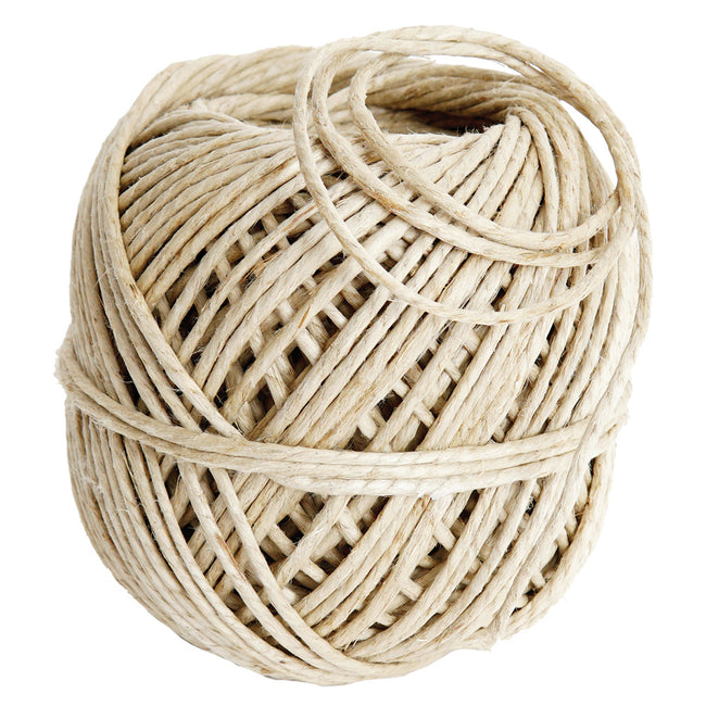 A bundle of twine made from hemp for gardening on a white background.