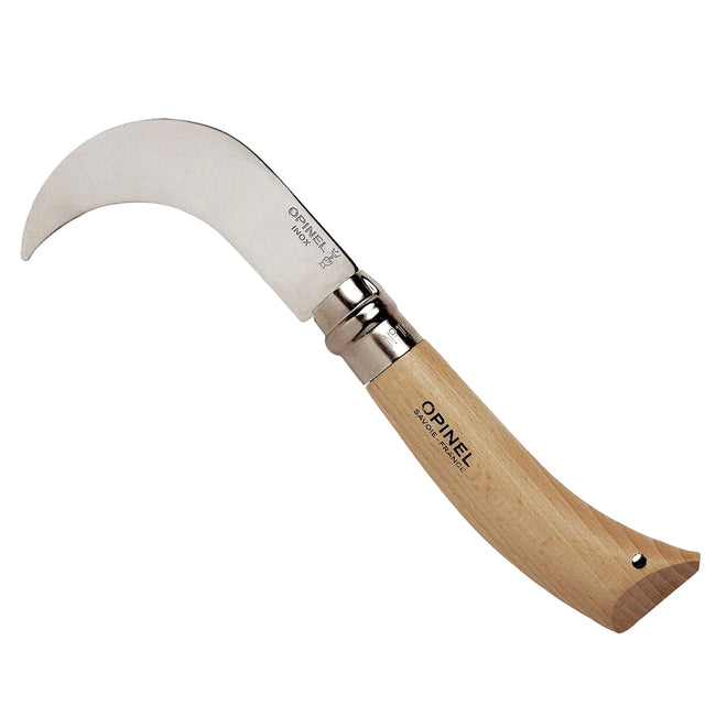 Three-quarter view of No. 10 Opinel billhook folding knife with curved stainless-steel hooked blade and birch handle on white background