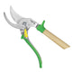 Front view of Greenmeadow hand pruner showcasing stainless-steel blades and varnished beech handle on white background