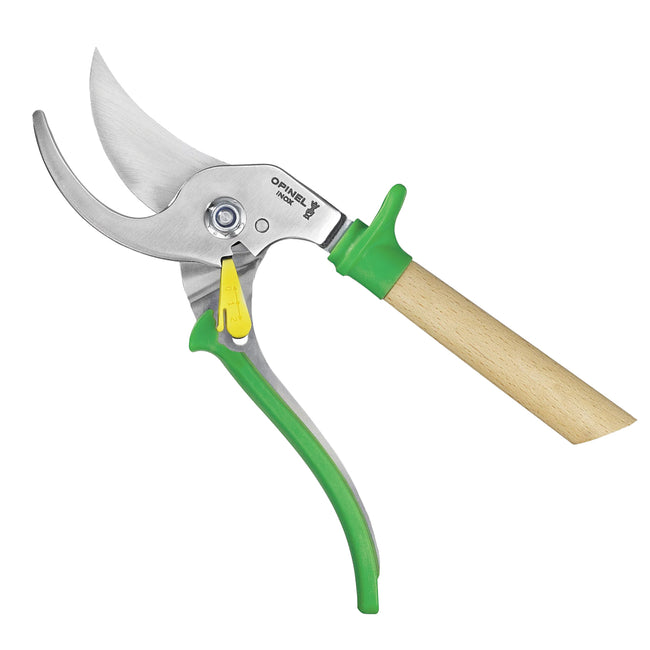 Front view of Greenmeadow hand pruner showcasing stainless-steel blades and varnished beech handle on white background