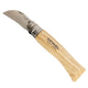 Opinel chestnut and garlic knife in open position on white background