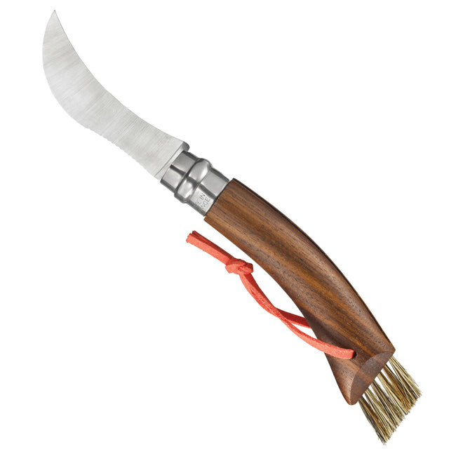 Angled view of No.08 mushroom knife with curved stainless blade, walnut handle, boar-hair brush and orange lanyard