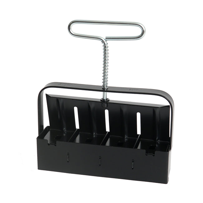 Black metal soil blocker tool with a handle on a white background