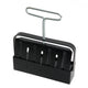 Black metal soil blocker tool with a handle on a white background