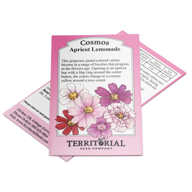 Front of Apricot Lemonade cosmos seed packet showing pastel apricot-and-cream bicolor flower photo on white background