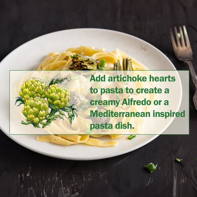 Graphic showing usage tips for Imperial Star artichokes with a plated serving suggestion