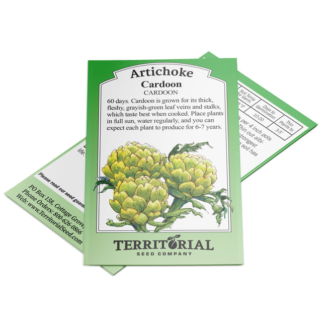Front view of Cardoon (artichoke thistle) seed packet showcasing botanical illustration and Territorial Seed branding on white background