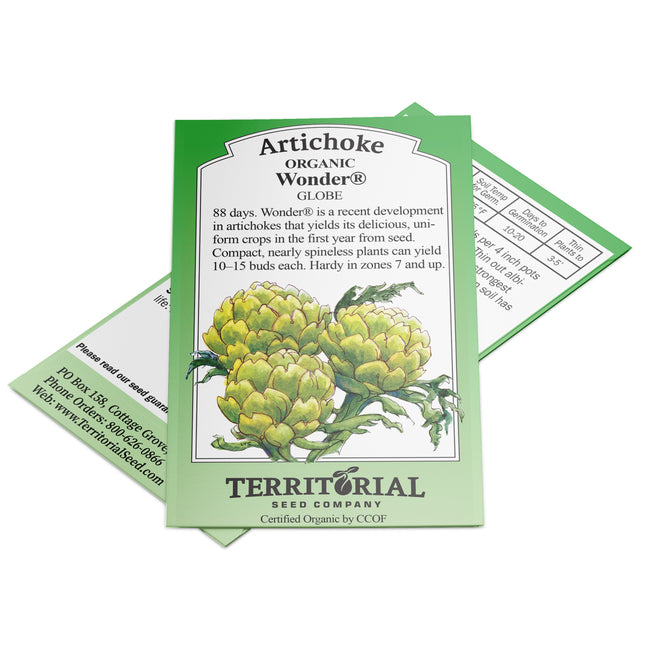 Front view of Wonder organic artichoke seed packet showing illustrated artichokes and product name on white background