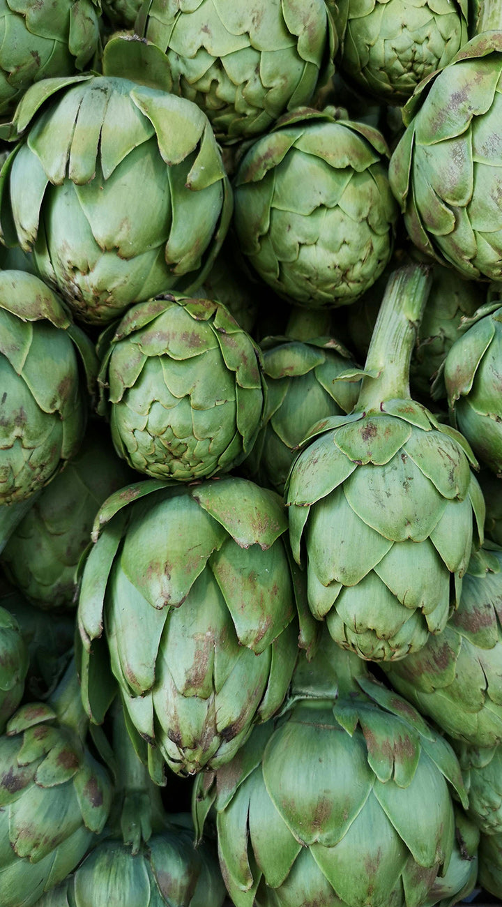 Close-up of a pile of green artichokes