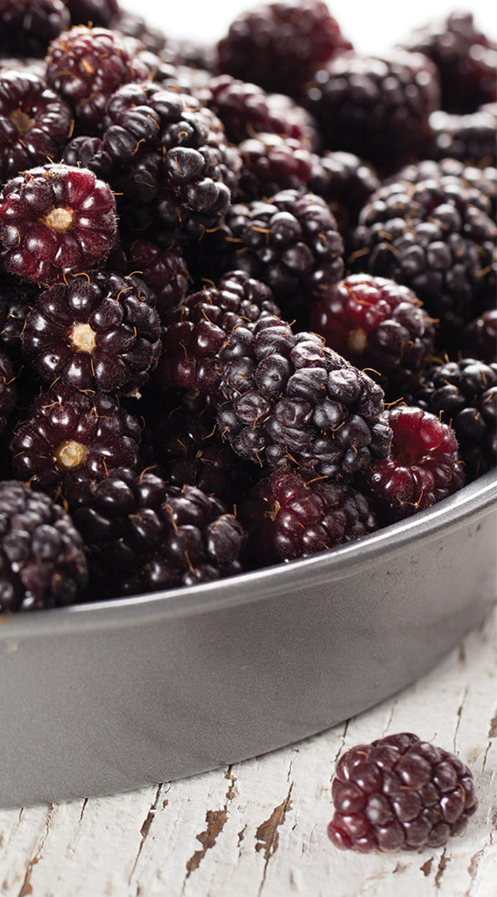 Close-up of boysenberries in a metal bowl on a wooden surface