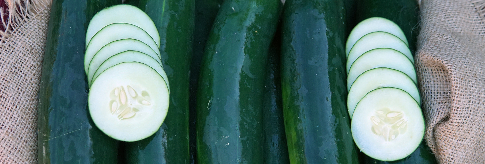 Cucumbers with slices on a textured fabric background
