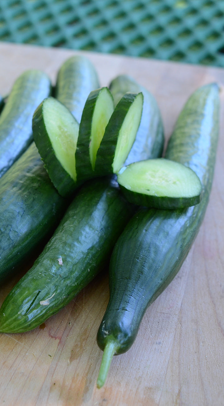 Close-up of Armenian cucumbers with long dark-green skin and sliced pieces showing pale green flesh on a wooden board