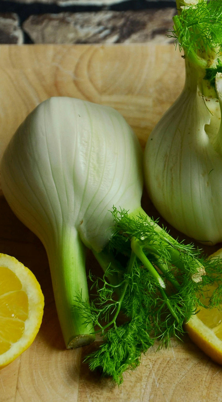 Two fennel bulbs with fronds on a wooden cutting board with lemon slices.